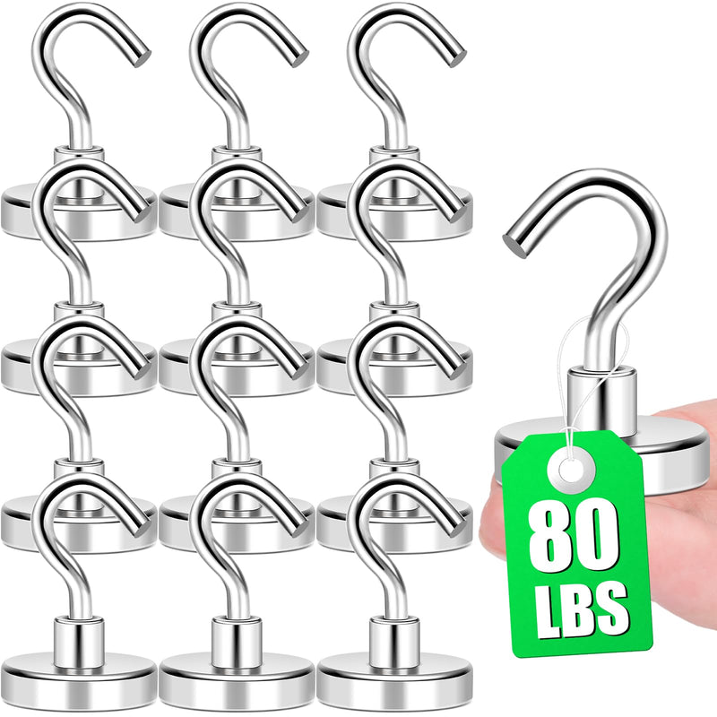 MIKEDE 12 Pack Magnetic Hooks Heavy Duty, 80lbs Strong Magnets with Metal Hooks for Cruise Cabins, Industrial Strength Magnets Hooks Perfect for Hanging on Cruise Ships, Refrigerator 80lbs Magnetic Hooks