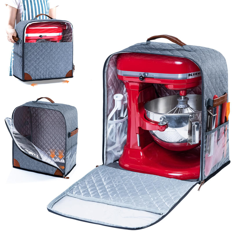 BAGSPRITE Stand Mixer Cover with Appliance Sliders Base Compatible with KitchenAid Mixer-Storage Bag for 6/7/8 Quart with Pockets for Kitchen Aid Accessories and Attachments Grey Fit for 6 - 8 Quart