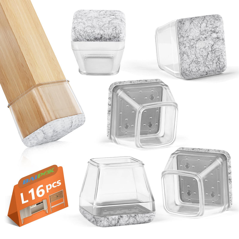 16Pcs Square Chair Leg Floor Protectors with Thickened Felt Pads Silicone Chair Leg Covers Caps to Protect Hardwood Tile Floors Furniture Feet Reduce Noise (Clear L Fit 1.14"-1.42") Clear Large