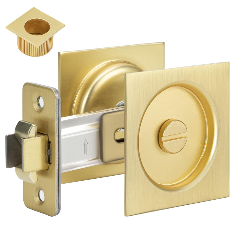 goldenwarm Brushed Gold Pocket Door Lock with Pull, Square Pocket Door Hardware 2-3/8" Backset, Gold Pocket Door Handles 1 Pack 2-3/8” Latch