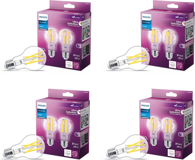 PHILIPS LED 100W A19 4-Pack Ultra Definition Daylight (5000K) 1500 Lumen (11.5W = 100W) Dimmable Clear Flicker-Free Light Bulbs Daylight (5000k) 8 Pack