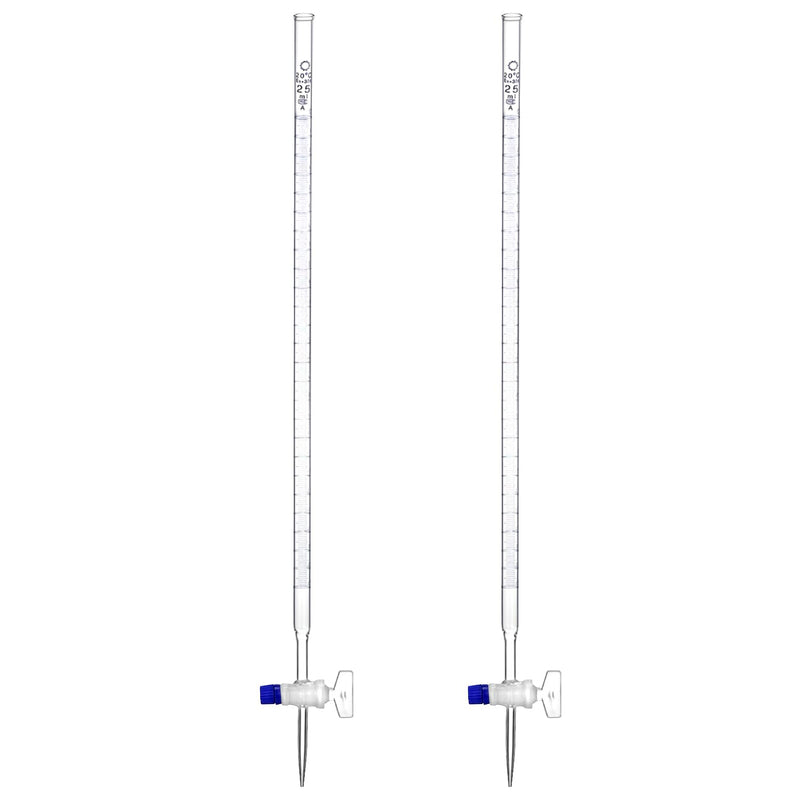 QWORK 25mL Class A Borosilicate Burette with Glass Key Stopcock - Laboratory Grade, 2 Pack Precision Graduated, 22.5 Inches Tall for Lab, Home, Beer, and Wine Making