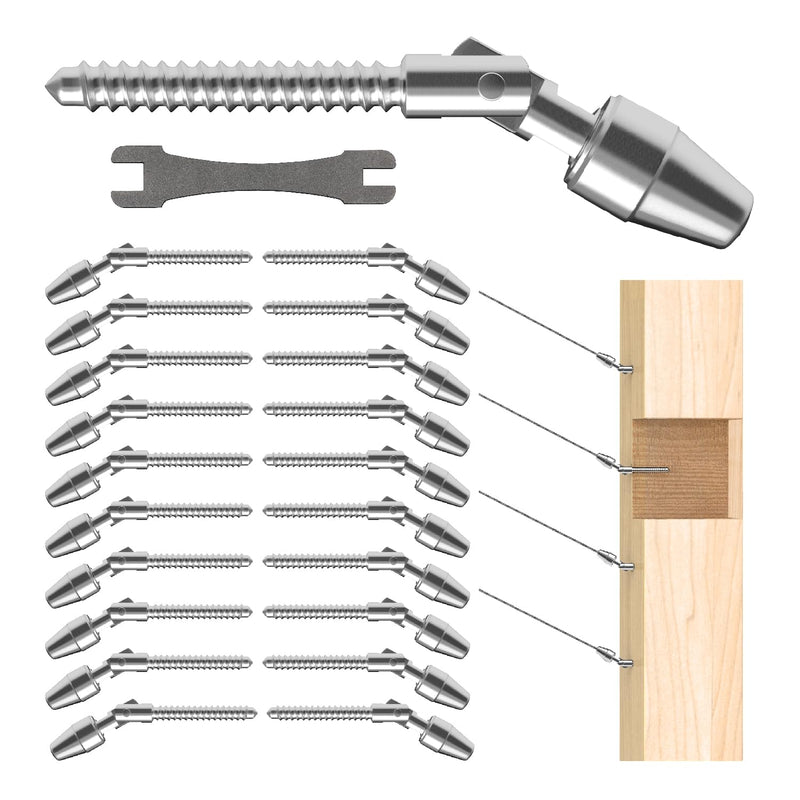 10 Pairs Cable Railing Kit QuickLock,Multi-Angle 180° Adjustable Right&Left Handed Thread Swageless Lag Screws for Wood Post of 1/8" T316 Steel Cable Railing System, Easy Installation,HF015SA