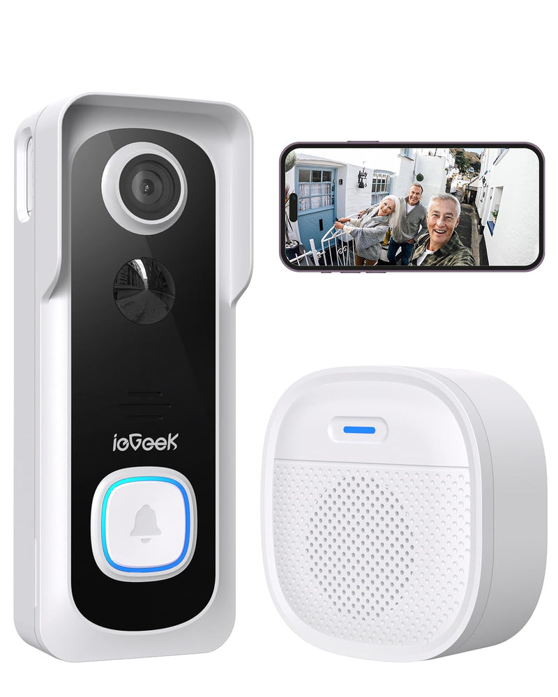 ieGeek Doorbell Camera Wireless No Subscription - Wireless Video Doorbell with Chime, Doorbell with Camera 1080P FHD, Voice Changer, 2-Way Audio, PIR Motion Detection, 2.4Ghz WiFi, Works with Alexa White