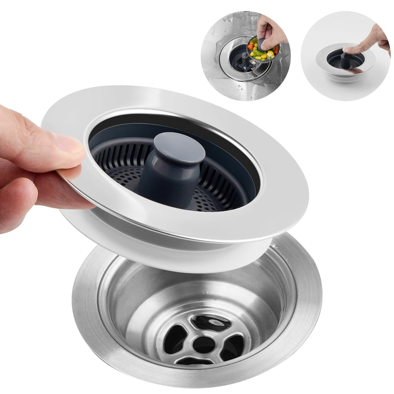 Hibbent 3 in 1 Kitchen Sink Drain Strainer, Stainless Steel Wrapped Shell Drain Stopper Combo, Pop Up Sink Stopper, Anti-Clogging Basket Strainer with Handle for US Standard 3-1/2" Drain Flat Round Handle with 1 Strainer