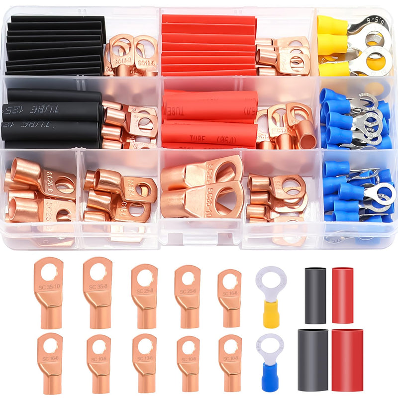 Twidec/110PCS Battery Cable Ends AWG 2 4 6 8 10 12 14 16 Gauge Copper Cable Wire Lugs,Ring Terminals Connectors,Copper Ring Terminals with Heat Shrink N-067-110PCS AWG 2-16