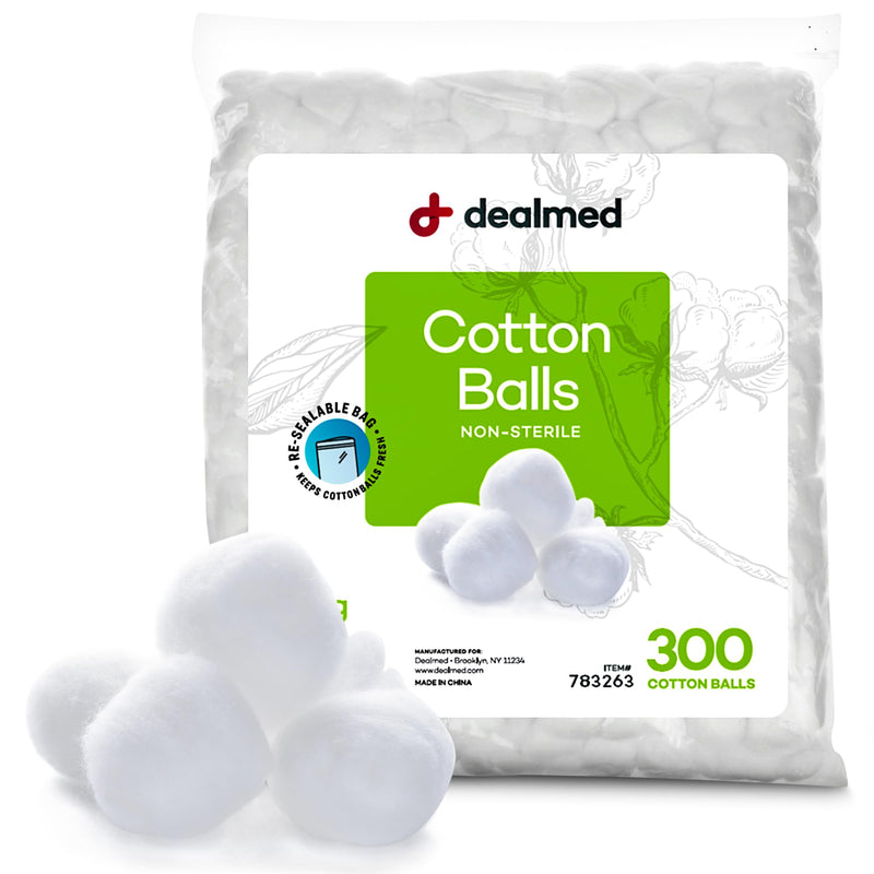 Dealmed 300 ct. Cotton Balls for Face, Makeup, Medical Uses, & DIY Crafts | Non-Sterile Bulk Pack | Resealable Zip-Locked Bag | 100% Pure Cotton, Soft, Absorbent, Gentle (Pack of 1) 300 Count (Pack of 1)