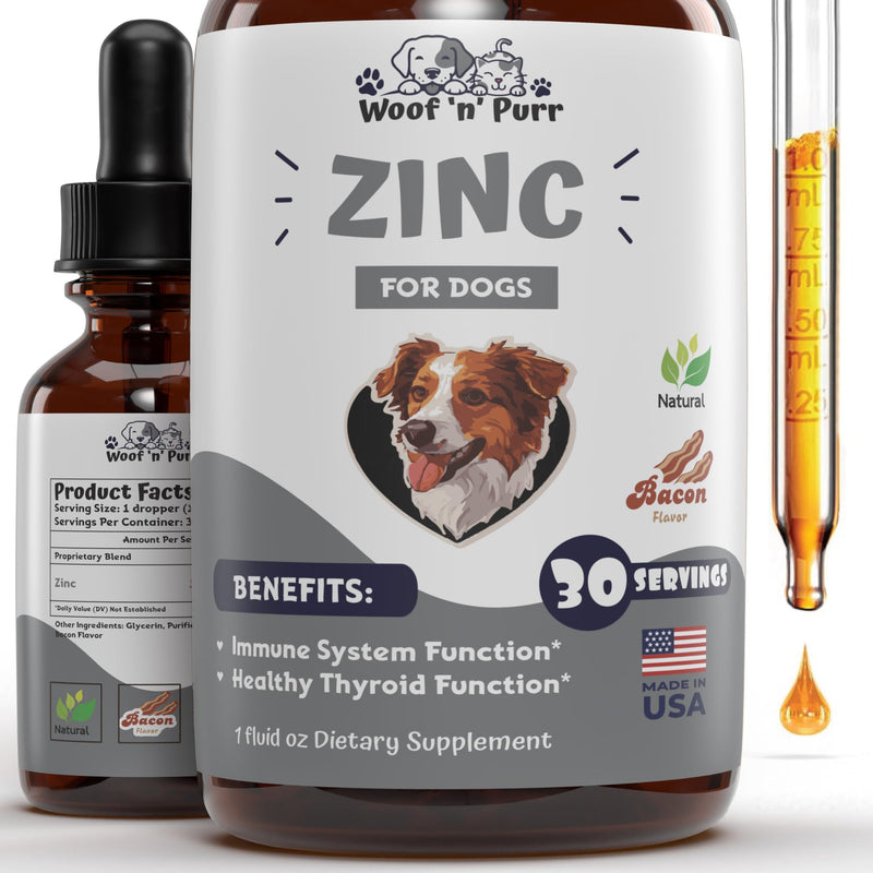 Zinc for Dogs - Dog Zinc Supplement - Helps to Support Healthy Skin, Coat, Immune Health & More - Dog Zinc - Dog Skin and Coat Supplement - Skin and Coat Supplement for Dogs - 1 fl oz - Bacon Flavor - PawsPlanet Australia