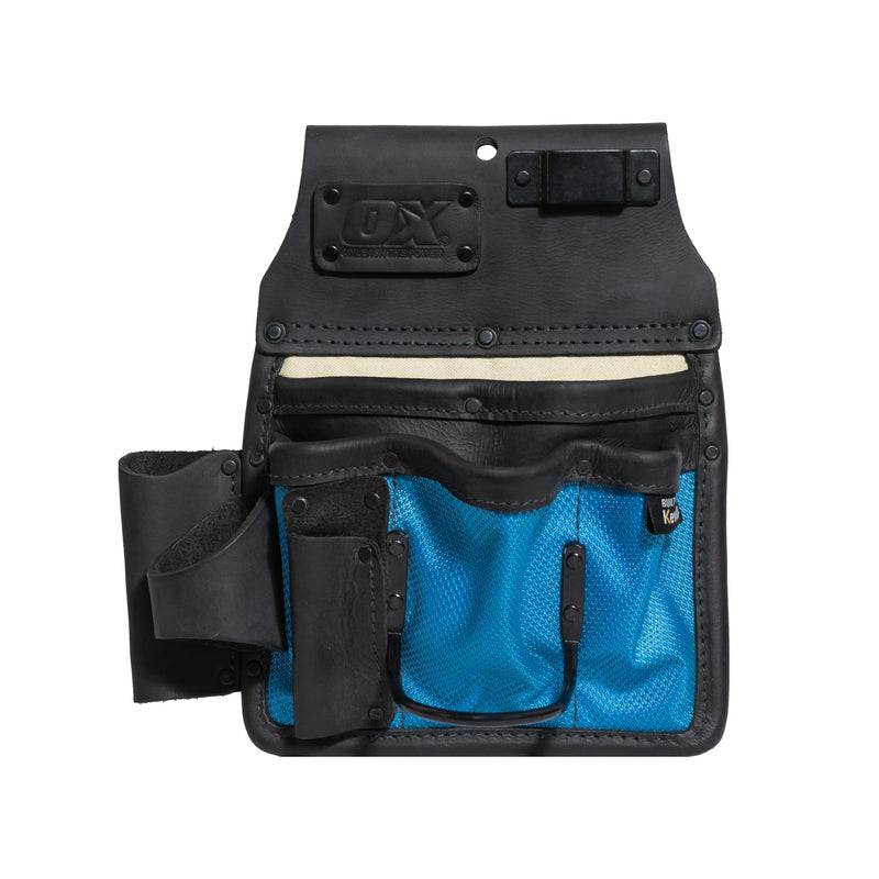 OX 10-Pocket Leather & Nylon Drywall Tool Pouch with Kevlar | Top-grain leather + 1680D ballistic nylon - hammer holder, tape holder - fits 2 to 3 in work belts