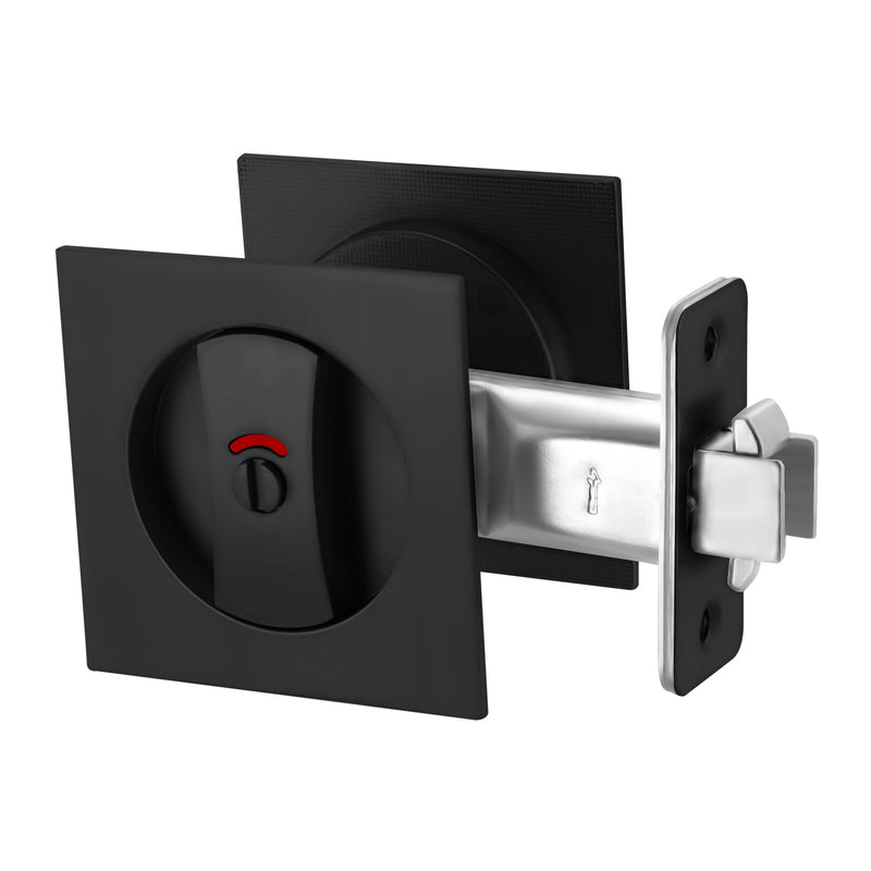 Malimali Pocket Door Lock, Matte Black Pocket Door Hardware Square Door Lock with Red-Green Indicators for Privacy Sliding Door Bifold Door Locks and Pulls Handles Privacy (Indicator) -Square