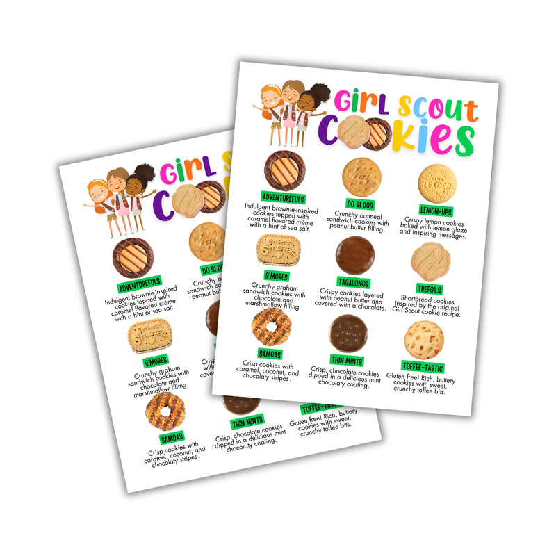 Scout Cookie Menu Sheets | 50 Pack, 8.5 x 11” Regular Paper Sales Rewards Girl Booth Supplies Troop Leader Books for Troop Number Cookie with Name & Flavor Description Reorder Cards