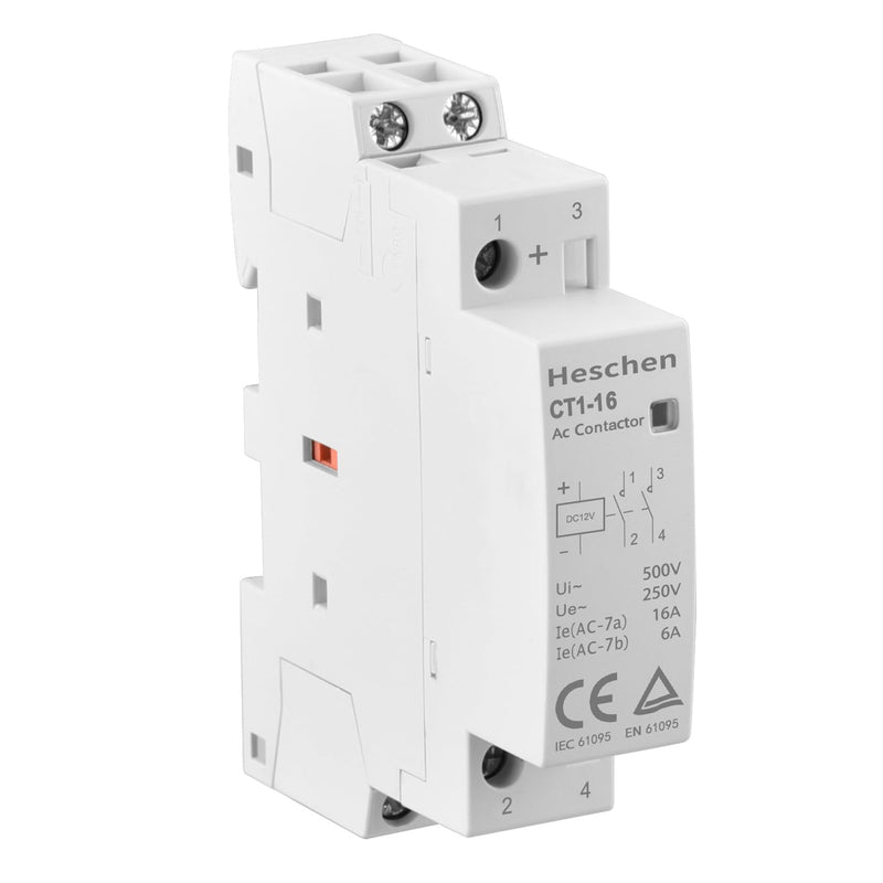Heschen Household AC Contactor, CT1-16, Ie 16A, 2 Pole, 2 NO, Two Normally Open, 35mm DIN Rail Mount (DC12V Coil Voltage) DC12V Coil Voltage