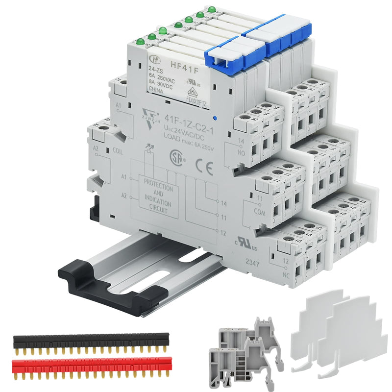 (8 Pcs) 24V Relay Din Rail; Miniature Power Relay; Silm; Signal Relay for PLC; 24VDC and 24VAC Both; 5 Pin SPDT with LED Indicator, Socket Base; Max 6A 250VAC 8 PCS 24VDC