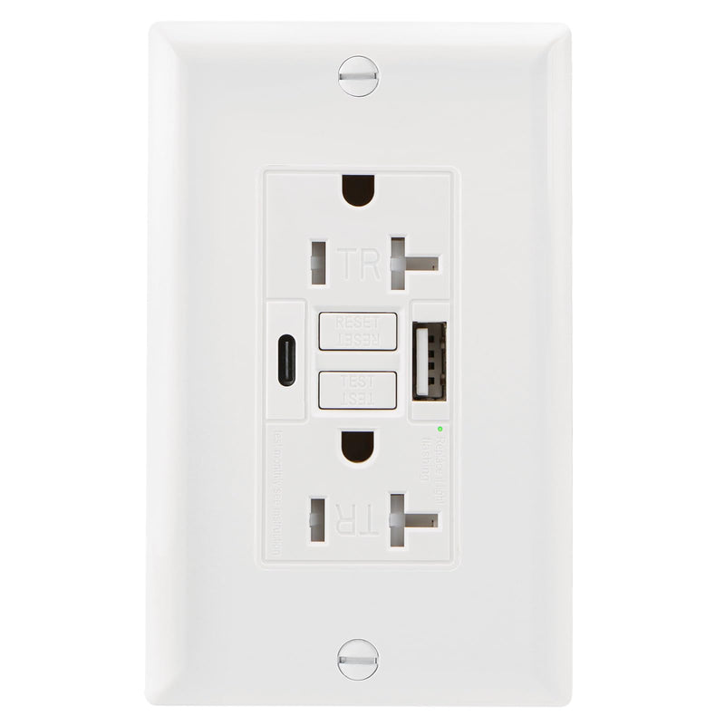GFCI Outlet with USB in-Wall,20A Self-Test with LED Indicator Tamper Resistant DC5V 4.8A Charger Outlet with USB Type A & TypeC,White 20A_USBA&C