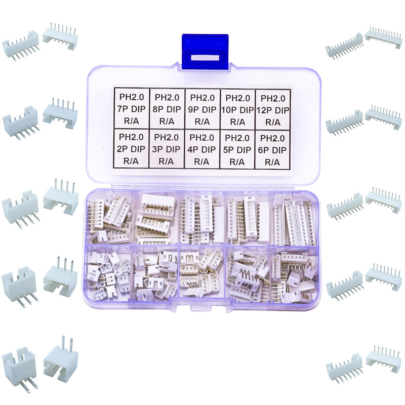 JST Connector Kit, PH2.0 DIP Header Jst 2mm Pitch IC Socket Plugs Adapter, JST-PH 2/3/4/5/6/7/8/9/10/12Pin DIP Header Side Type Right Angle Type Header (PH2.0-DIP-R/A) JST-2.0MM-PH-DIP-Right Angle Header