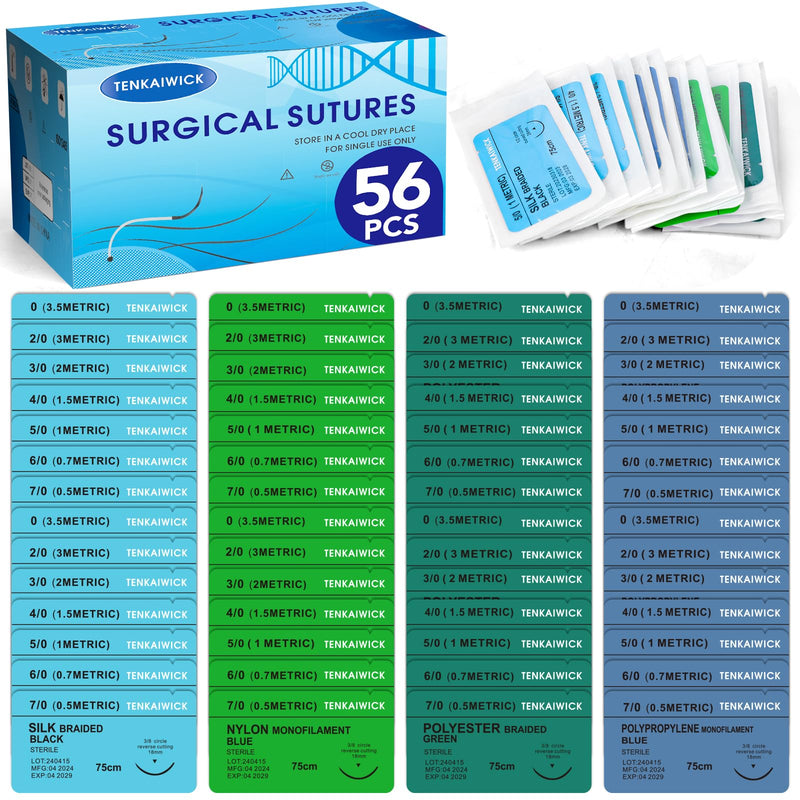 56 Packs Sutures Thread with Needle,Mixed Sutures, Training Threads(0,2/0,3/0,4/0,5/0,6/0,7/0) for Practicing Suturing can be Used for Suture Pads, Fruit peels,4 Material 56