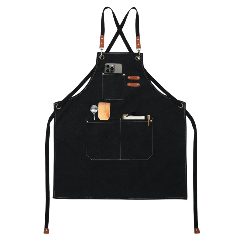BLIRITEL Canvas Work Apron with Cross Back Straps, Chef Apron for Men Women, Adjustable Utility Apron for Kitchen,Workshop Black