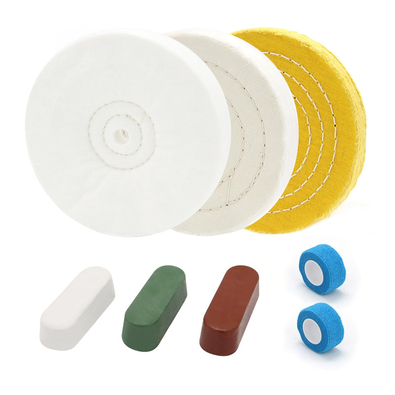 SCOTTCHEN 8inch Buffing Polishing Wheels 5/8" Arbor Hole,Soft/Fine/Medium for Bench Grinder-3PCS,with Buffing Polishing Cutting Compounds 7.4 Oz.Kit,with 2 Pack Non-Woven Bandage Wrap 8 inch Multi 8pcs