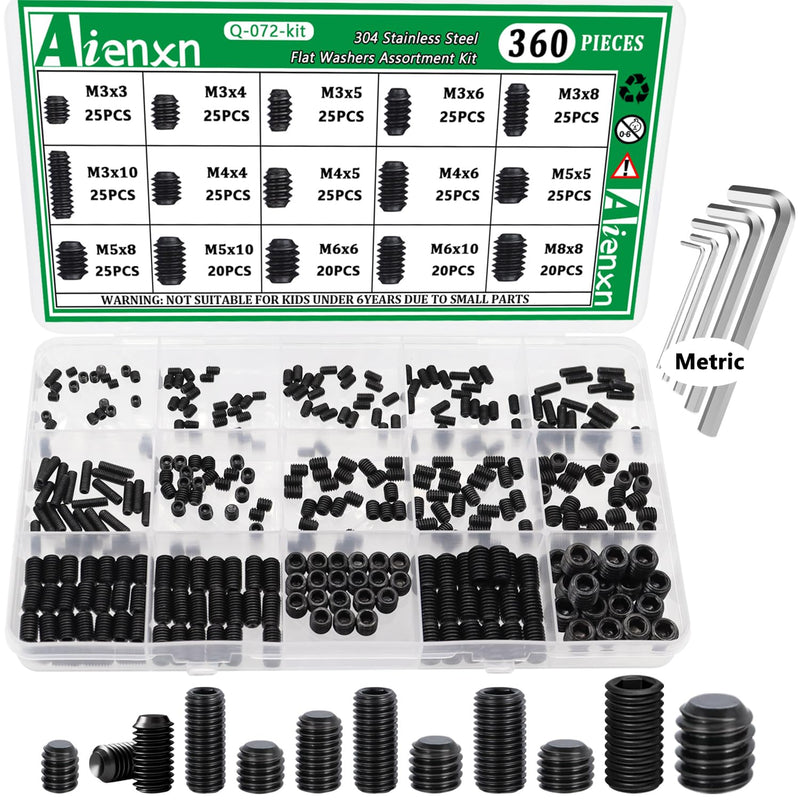 360PCS 15 Metric Sizes Set Screw Assortment Kit, Hex Socket Head Cup Point Set Screws 12.9 Class Alloy Steel Grub Screw, Internal Hex Drive Cup-Point Screw (M3-M8) Black 360PCS