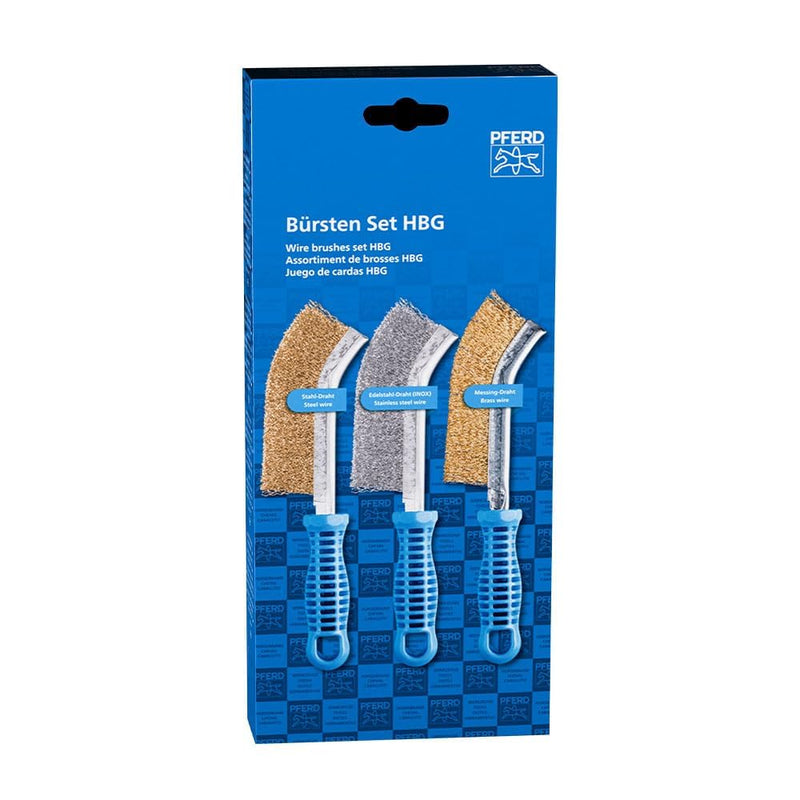 PFERD Hand Brush Set with 1 x Hand Brush with Brass-Plated Steel Wire, Stainless Steel Wire and Brass Wire Diameter 0.01" - Part 89386