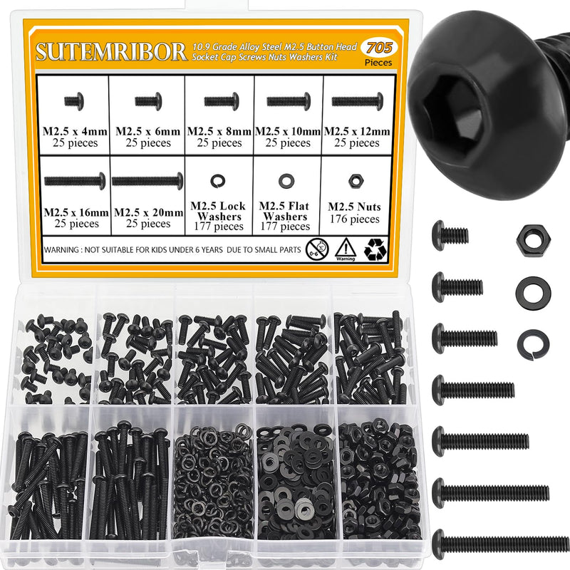 705 Pieces M2.5 Screws Nuts Washers Set Black, Sutemribor M2.5 x 4/6/8/10/12/16/20mm Button Head Socket Cap Screws Nuts Washers Assortment Kit, 10.9 Grade Alloy Steel, Fully Threaded M2.5 Screws Kit