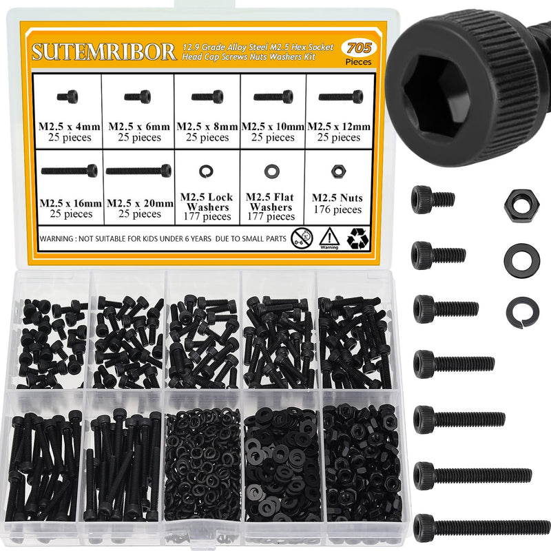 705 Pieces M2.5 Screws Nuts Washers Set Black, Sutemribor M2.5 x 4/6/8/10/12/16/20mm Hex Socket Head Cap Screws Nuts Washers Assortment Kit, 12.9 Grade Alloy Steel, Fully Threaded M2.5 Screws Kit