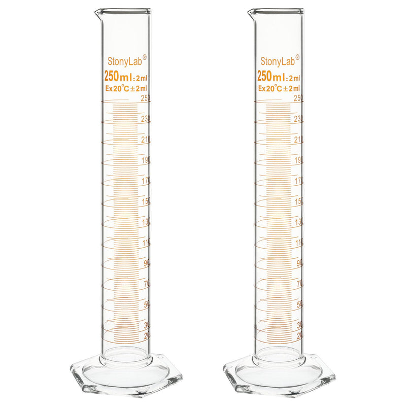 stonylab Graduated Cylinder, 2-Pack B Grade Borosilicate Glass Cylinder with Stable Hexagonal Base, 250 ml