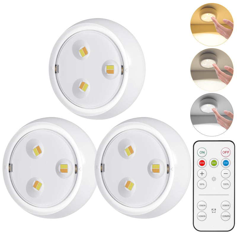 LED Puck Lights with Remote, 3 Color Light, Battery Operated Push Light Under Cabinet Light, Dimmable Tap Light, 50 Lumens, Stick On Closet Light White 3 Pack