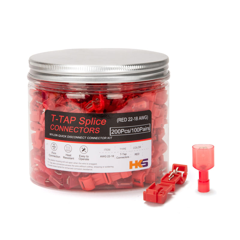 HKS 200PCS/100 Pairs T-TAP Wire Connector Quick Splice Disconnect Red AWG 22-18 - Self-Stripping Electrical Terminals Kit Automotive Crimp Insulated Red-Tap-100Kit