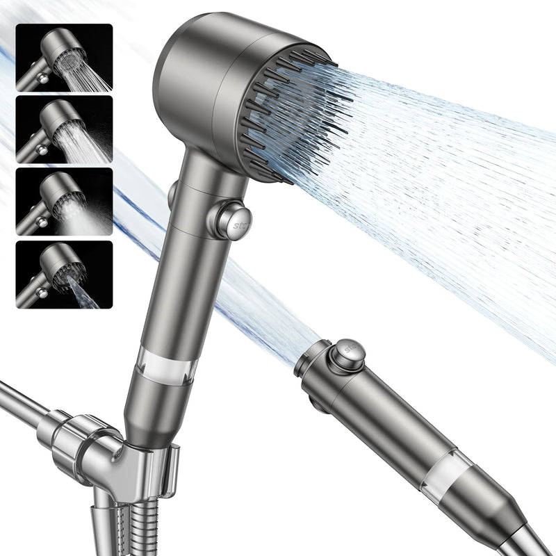 Filtered Shower Head with Handheld,High Pressure Shower Head 4 Spray Modes,Shower Head with ON/OFF Switch for Pets,Built-in Power Wash to Clean Tub,Shower Heads Combo with Stainless Steel Hose Gray