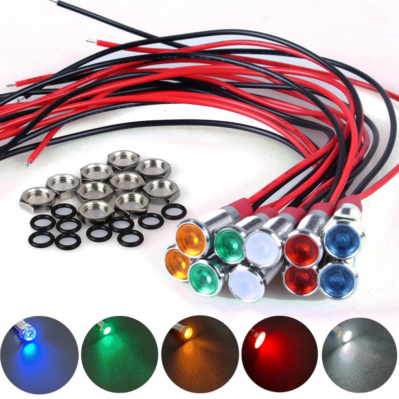 10Pcs 6mm (1/4") LED Indicator Light 12V-24V 20mA Waterproof Metal Wide Flat head Signal Lamp Pilot Dash Directional with Wire (White Red Yellow Blue Green)*2 Mix