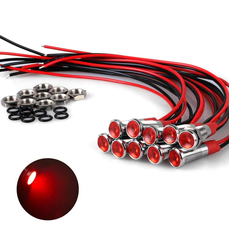 10Pcs 6mm (1/4") Energy Saving LED Indicator Light 12V-24V 20mA Metal Waterproof Wide Flat Head Signal Lamp Pilot Dash Directional with Wire （Red LED 10Pcs Red 6mm / 12V-24V