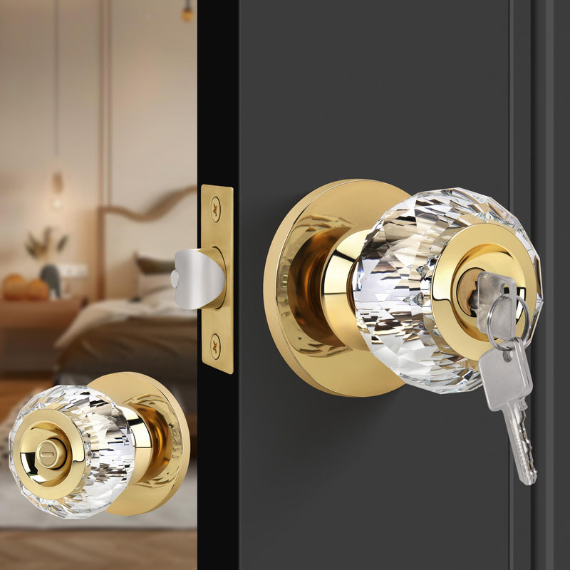 Crystal Door Knobs with Lock and Keys, Interior Crystal Glass Door Knobs with Privacy Lock Diamond Crystal Door Knob for Bedroom Bathroom, Gold 1 Pack Privacy function (with key)