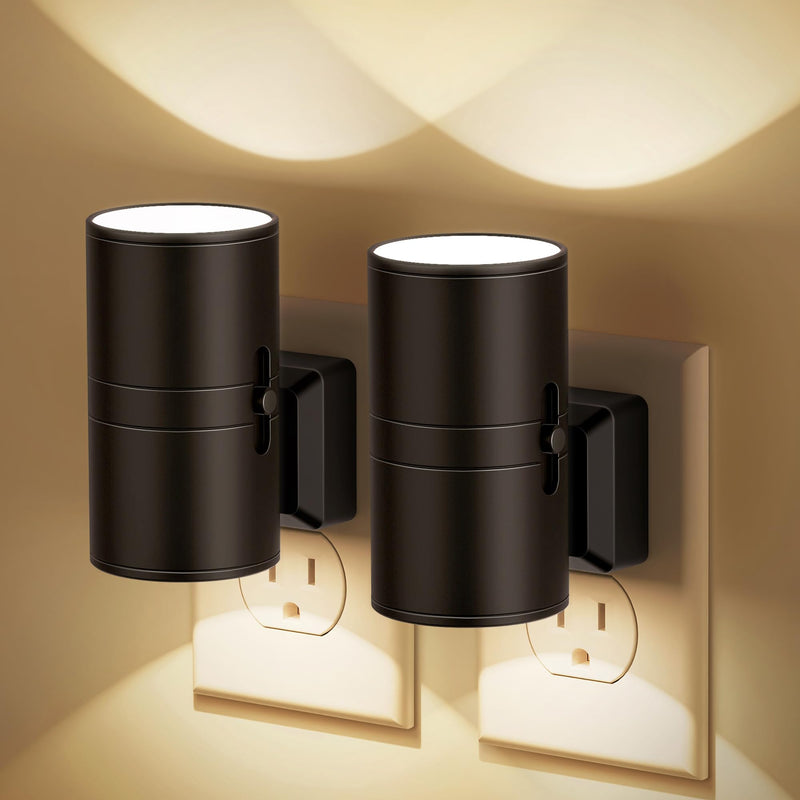 Night Lights Plug into Wall, Dimmable Night Light Plug in, Modern Night Lights with Dusk to Dawn Light Sensor, Soft White 3000K, 0-100LM Adjustable Brightness Nightlight for Hallway Bedroom, 2 Pack Warm - Black Shade