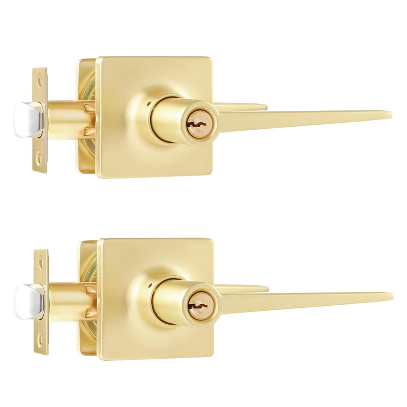 Leydebong 2 Pack Keyed Entry Lever Lock, Square Sleek Door Handle with Keys Gold Entry Lever for Office & Exterior Door Keyed Alike Door Handle Satin Brass