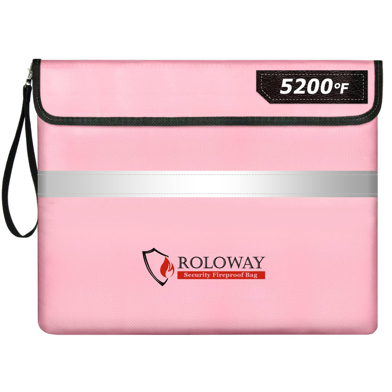 ROLOWAY Fireproof Document Bag (14 x 11 inch) with 5200℉ Upgraded Aluminum Foil Layer, Fireproof Bag for Documents with Reflective Strip and Zipper (Pink) 14 x 11 inch 5200℉ Pink