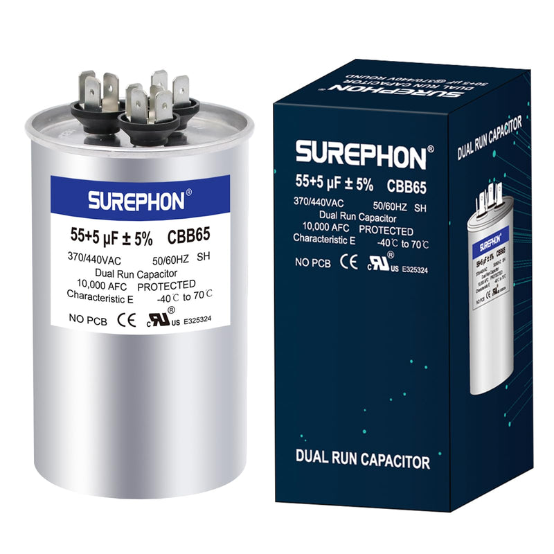 55+5 uF 55/5 MFD ±5% 370V/440VAC Dual Run Start Capacitor CBB65 Works for AC Unit Fan Motor Start or Heat Pump or Condenser Straight Cool 55+5 MFD