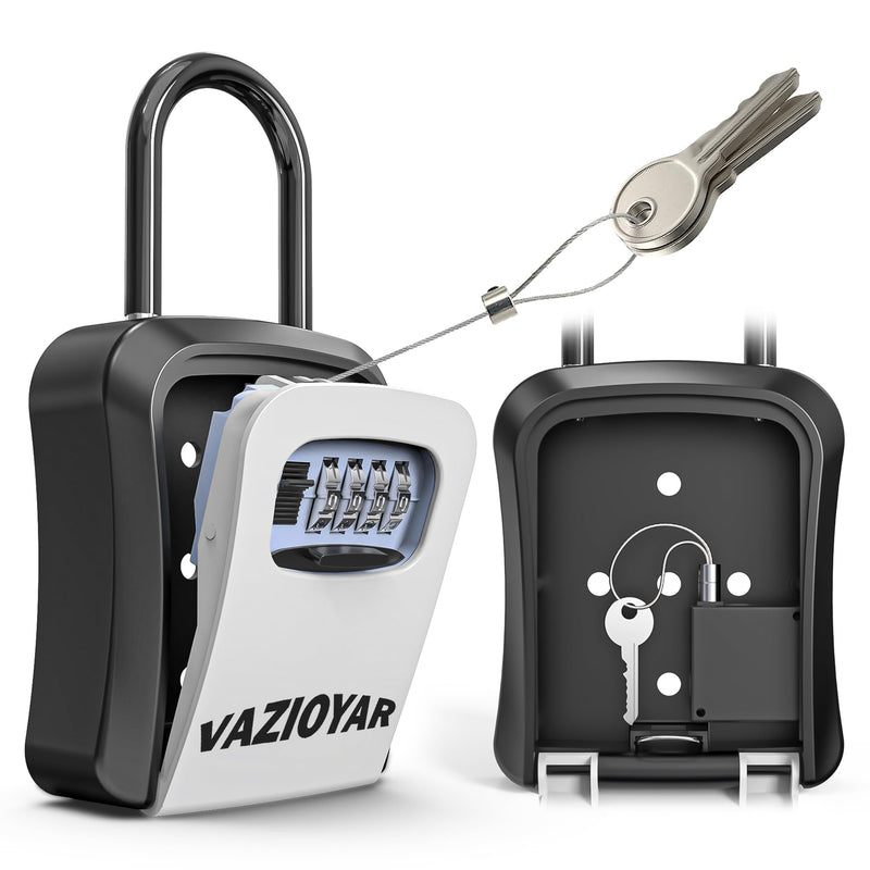 Key Lock Box for Outside, Portable Waterproof Wall Mounted Changeable 4-Digit Combination Key Storage Lockbox, (With Retractable Key Tether+With Shackles) With Retractable Key Tether+With Shackles