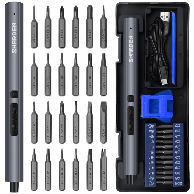 SHARDEN Mini Electric Screwdriver,29 in 1 Small Electric Screwdriver Kit with 24 Magnetic Bits,Precision Screwdriver Cordless Repair Tool for Phone Camera Laptop Watch 29 in 1 Blue