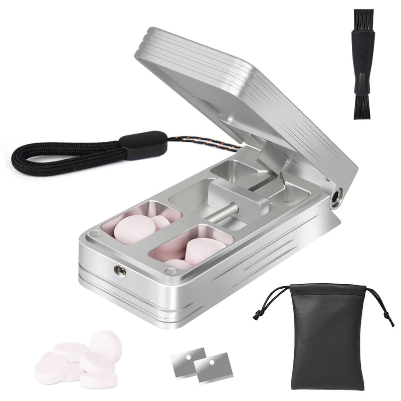 Pill Cutter for Small and Tiny Pills, Professional Aluminum Pill Splitter with Auto Centering Device and 2 Replaceable Stainless Steel Blades, Portable Pill Splitter with PU Case (Silver) Silver