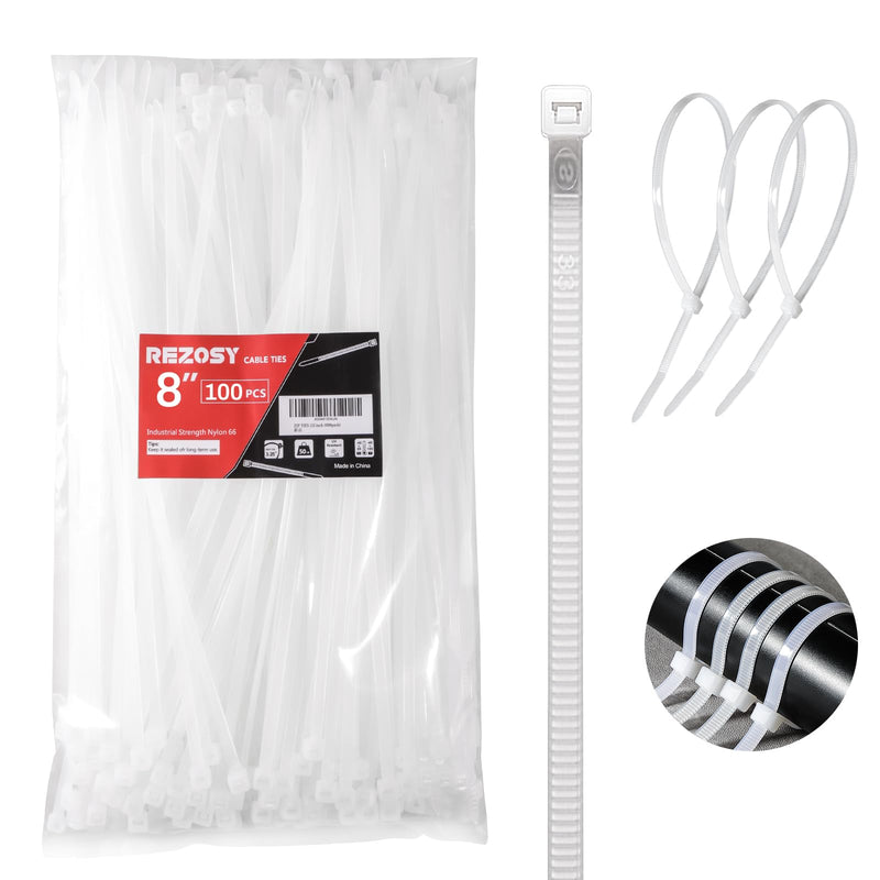 White Zip Ties 8 Inch 100 Pack Clear Tensile Strength 40 lbs UV Resistant Industrial Cable Ties Self Locking Zipties Wire Ties Wrap Indoor Outdoor Use for Fence Garage Camping 8 inch 100pack