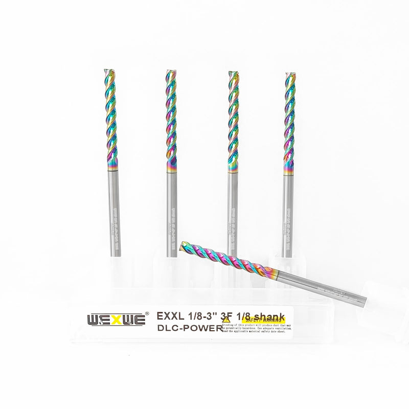 Tools 1/8” Extra Long Carbide Square End Mill for Aluminum, Copper Alloy, Plastic, 3" Overall Length End Mill Bits, 3 Flute HRC 62 Deg DLC Coating, CNC Router Bits 1/8 Shank (1/8-3" 5PCS) DLC EXXL 1/8-3" 5PC 5