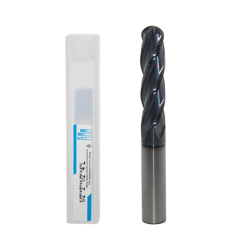 1/2" Extra Long Carbide Ball Nose End Mill for Alloy Steels/Hardened Steels, 4" Overall Length End Mill Bits, 4 Flute HRC 55 Deg AlTiN Coating, CNC Router Bits (1 Pieces) 1/2" Extra Long