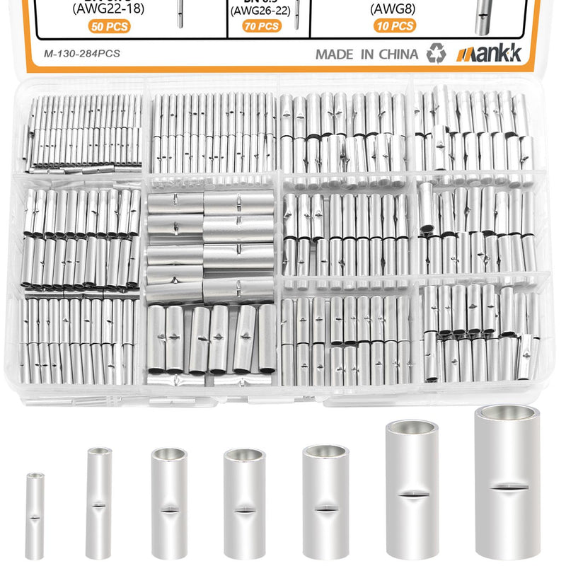 mankk 284PCS Non Insulated Butt Connectors Kit 26-6 Gauge Tinned Red Copper Butt Connector Uninsulated Butt Connector Wire Crimp Connector for Electrical Appliances Cars Boats etc