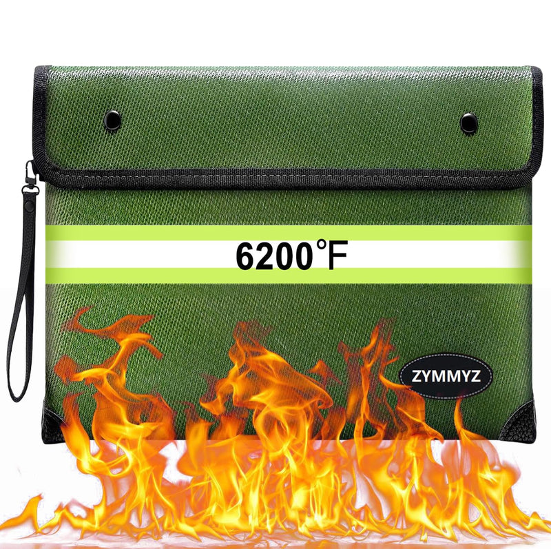 Fireproof Bag for Documents 6200°F Heat Insulated,Non-Itchy Fire Proof Money Pouch with Water Resistant Zipper,Fireproof Water Proof Document Envelopes for Cash,Valuables Green Medium Size