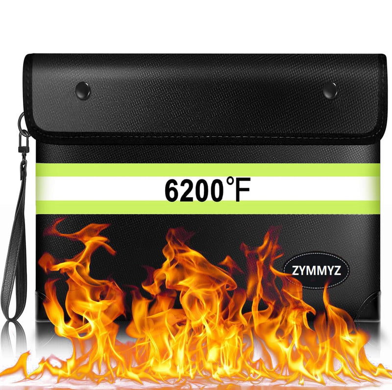Upgraded Insulated Fire Proof Money Bag for Cash,6200℉ Fireproof and Waterproof Document Pouch with Water Resistant Zipper,Fireproof Envelopes for Important Documents,Valuables Black Medium Size