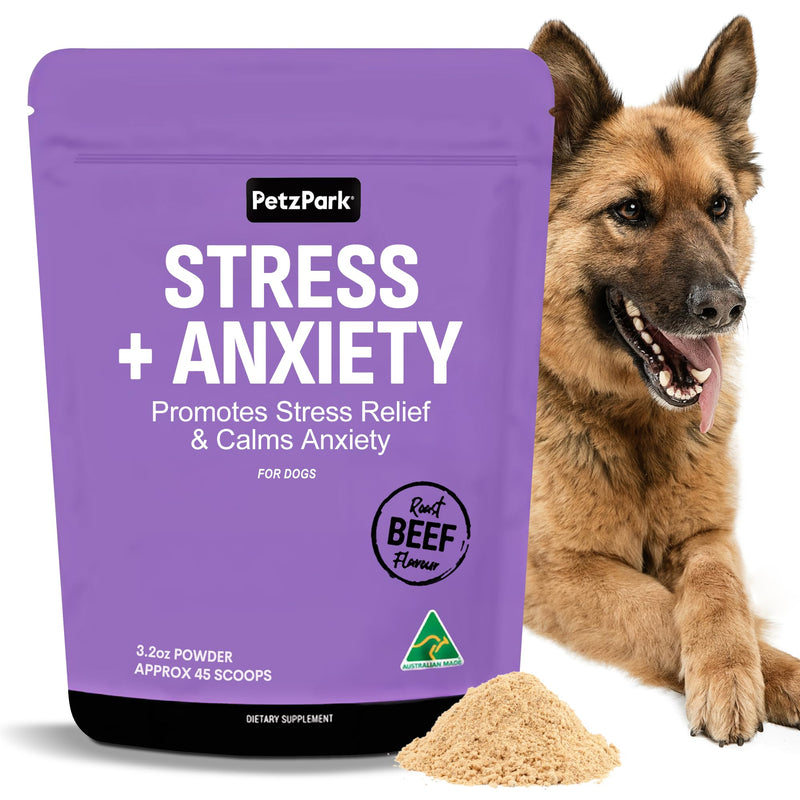 Stress and Anxiety Supplement for Dogs - Calming Dog Powder Supplement - Decreases Stress, Calms Fear & Anxiety, Eases Aggression & Insomnia, Relaxes Body and Mind - Beef Flavour - 3.2oz - 45 Scoops - PawsPlanet Australia