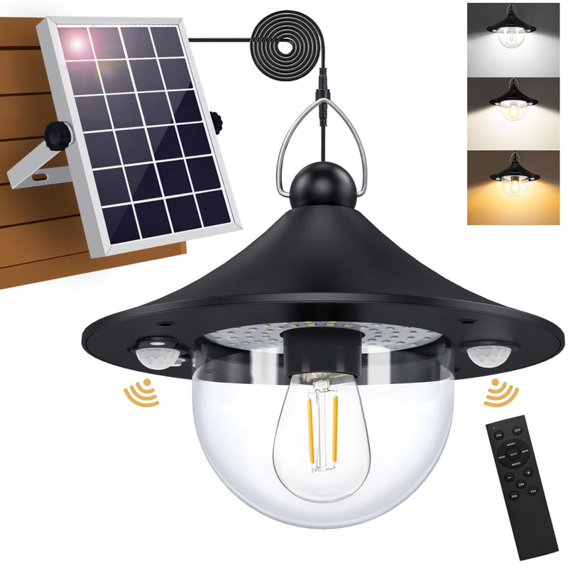 Auzev Solar Shed Light Indoor Outdoor Pendant Lights Solar Powered with 2 Motion Sensor, Waterproof Solar Hanging Lamp for Porch, Inside Home, Farmhouse, Gazebo, Chicken Coop, Daytime Available Black 1Pack