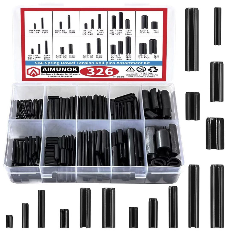 326PCS Roll Pin Set - 24 Sizes Spring Dowel Tension Roll Pins - 1/8 1/4 3/8 1/16 5/64 3/32 5/16 5/32 7/32 Split Expansion Pin Assortment Kit for Home Improvement… 326pcs SAE Roll Pins