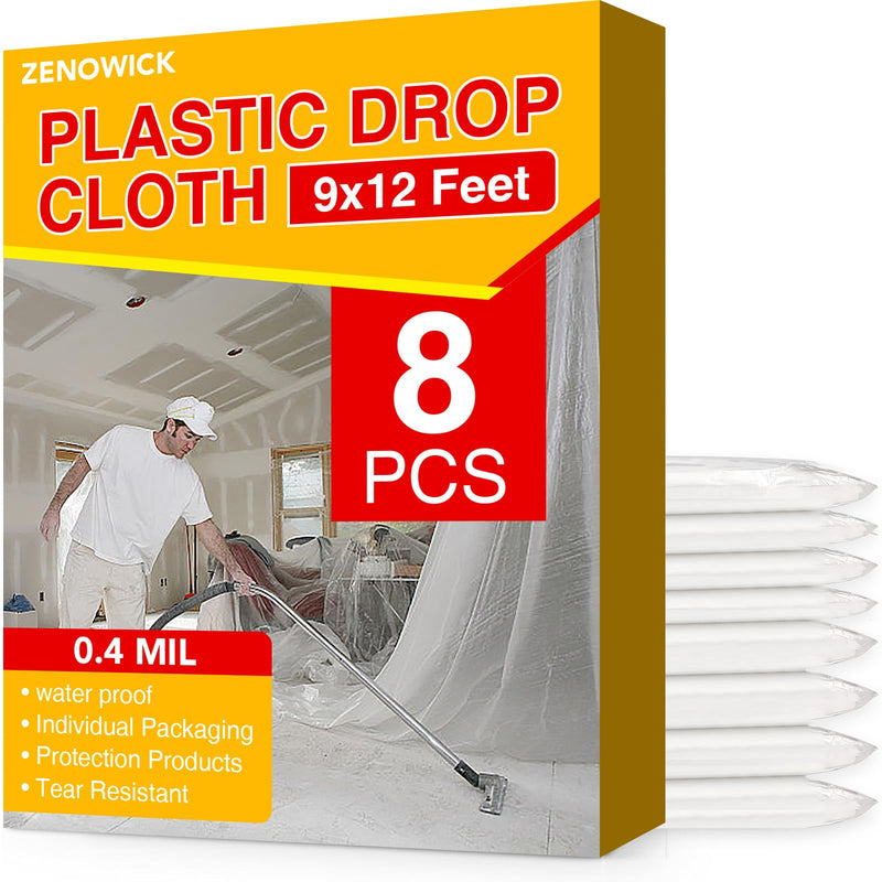 8 Pack Plastic Drop Cloth, 9x12 Ft Plastic Sheeting for Painting, Dust-Proof Tear-Resistant Painters Plastic Tarp Cloth for Furniture Floor Sofa Protector Cover Durable & Thick 8Pack
